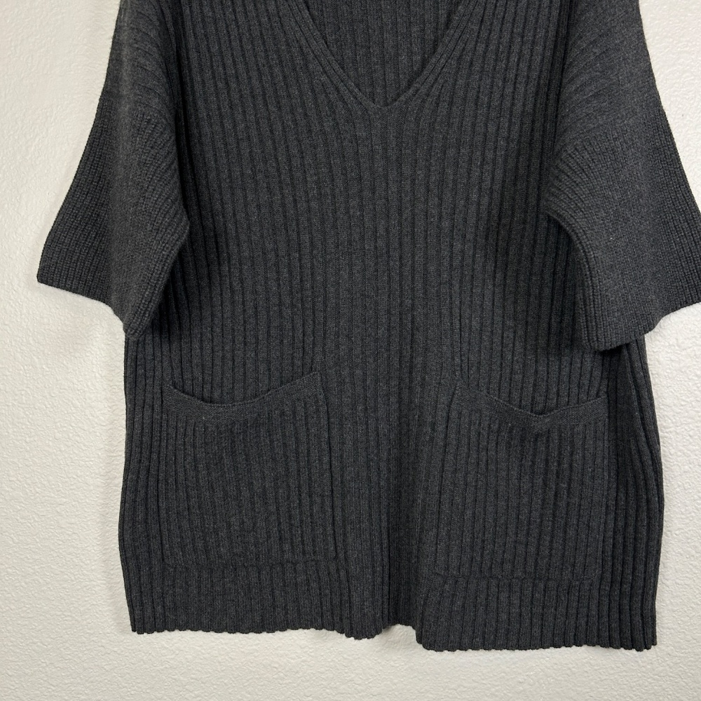 Lafayette 148 size XL short sleeve v-neck sweater 100% wool ribbed gray w pocket - Picture 3 of 11